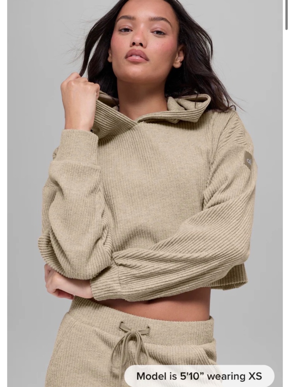 ALO Yoga Olive Green Cropped Ribbed Hoodie